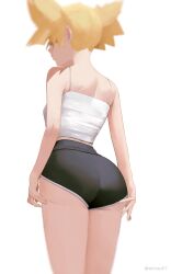 Rule 34 | 1girl, absurdres, ass, black shorts, blonde hair, borrowed character, camisole, from behind, highres, kikiis art, micro shorts, original, shorts, simple background, solo, twintails, white background, white camisole
