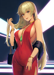 Rule 34 | 1girl, absurdres, alaskastomatoez, bag, blonde hair, breasts, cleavage, commission, dark-skinned female, dark skin, dress, earrings, evening gown, feather boa, fire emblem, fire emblem: the binding blade, gold bracelet, handbag, highres, holding, holding own hair, igrene (fire emblem), jewelry, large breasts, lipstick, long hair, looking at viewer, makeup, mole, mole under eye, necklace, nintendo, plunging neckline, red dress, side slit, solo, taut clothes, yellow eyes