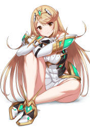 Rule 34 | 1girl, bare legs, blonde hair, breasts, chest jewel, dress, earrings, elbow gloves, full body, gloves, green322, highres, jewelry, large breasts, long hair, looking at viewer, mythra (xenoblade), short dress, simple background, sitting, solo, swept bangs, tiara, very long hair, white background, white dress, white footwear, white gloves, xenoblade chronicles (series), xenoblade chronicles 2, yellow eyes