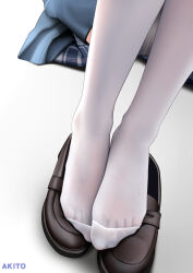 Rule 34 | 1girl, absurdres, aki (1360505188), artist name, blue sweater, feet, foot focus, highres, legs together, long sleeves, no shoes, original, pantyhose, plaid, plaid skirt, shoes, unworn shoes, simple background, sitting, skirt, solo, sweater, white background, white pantyhose