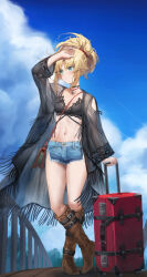 Rule 34 | 1girl, arm up, bikini, black bikini, blonde hair, blue sky, blush, braid, breasts, brown footwear, cleavage, collarbone, commentary request, fate/apocrypha, fate (series), fishnet top, fishnets, french braid, full body, green eyes, hair ornament, hair scrunchie, highres, long hair, long sleeves, looking to the side, medium breasts, mordred (fate), mordred (fate/apocrypha), navel, parted bangs, ponytail, rolling suitcase, scrunchie, sidelocks, sky, solo, standing, stomach, suitcase, swimsuit, thighs, tonee