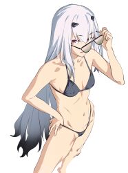 Rule 34 | 1girl, bare shoulders, bikini, breasts, collarbone, das (dan dan), fate/grand order, fate (series), forked eyebrows, glasses, gradient hair, grey bikini, grey hair, highres, long hair, looking at viewer, melusine (fate), multicolored hair, navel, open mouth, sidelocks, small breasts, smile, solo, swimsuit, thighs, white hair, yellow eyes