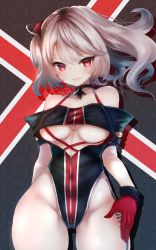 Rule 34 | 1girl, absurdres, azur lane, bare shoulders, black one-piece swimsuit, breasts, covered navel, cross, cross necklace, gloves, grey hair, highleg, highleg swimsuit, highres, iron cross, jewelry, long hair, looking at viewer, medium breasts, necklace, number tattoo, one-piece swimsuit, red eyes, red gloves, solo, swimsuit, tattoo, leg tattoo, thighs, u-410 (azur lane), underboob, yuu cream, zipper