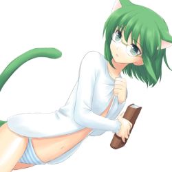 Rule 34 | animal ears, atsukan, book, flat chest, glasses, green hair, panties, solo, striped clothes, striped panties, tail, underwear, unknown