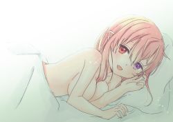 Rule 34 | 1girl, back, bed sheet, breasts, female focus, heterochromia, long hair, looking at viewer, lying, naked sheet, nei (os), nude, on bed, on side, open mouth, original, os (os fresa), pink hair, pointy ears, purple eyes, red eyes, solo, source request