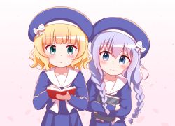 Rule 34 | 2girls, :o, beret, blonde hair, blue eyes, blue hair, blue headwear, blue shirt, blue skirt, blush, book, bow, braid, closed mouth, commentary request, gochuumon wa usagi desu ka?, goth risuto, green eyes, hair between eyes, hat, holding, holding book, kafuu chino, kirima syaro, long hair, low twintails, md5 mismatch, multiple girls, hugging object, open book, parted lips, petals, pleated skirt, resolution mismatch, sailor collar, shirt, skirt, smile, source larger, striped, striped bow, twin braids, twintails, very long hair, white bow, white sailor collar