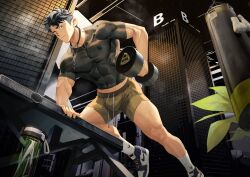 Rule 34 | 1boy, bara, black hair, black shirt, blue eyes, bottle, bulge, closed mouth, covered abs, dumbbell, exercising, green shorts, highres, holding, jewelry, large pectorals, male focus, muscular, muscular male, nanyu1998, necklace, original, pectorals, shirt, short hair, shorts, solo, thick thighs, thighs, water bottle, weightlifting
