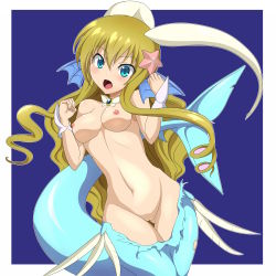 Rule 34 | 1girl, absurdres, blonde hair, blue background, blue eyes, breasts, clam curry, cleft of venus, completely nude, drill hair, drill sidelocks, fins, fish tail, gluteal fold, hair between eyes, hair ornament, highres, horns, long hair, looking at viewer, medium breasts, mermaid, monster girl, navel, nipples, nude, open mouth, outside border, pussy, ribs, sidelocks, solo, star (symbol), star hair ornament, tail, thigh gap, two-tone background, white background, wide hips, wrist cuffs