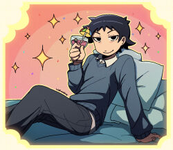 Rule 34 | 1boy, alcohol, arm support, bed, black eyes, black hair, blue sweater, blush, cocktail, collared shirt, commentary, cup, highres, holding, holding cup, jitome, long sleeves, looking at viewer, male focus, on bed, pants, pillow, reclining, scott pilgrim (series), shirt, short hair, signature, smile, smug, solo, sparkle, sweater, wallace wells, warambling