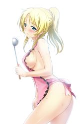 Rule 34 | 10s, 1girl, apron, ass, ayase eli, blonde hair, blue eyes, blush, breasts, covered erect nipples, flat ass, from side, ladle, large breasts, long hair, love live!, love live! school idol project, naked apron, onigirikun, parted lips, ponytail, sideboob, simple background, solo, sweat, white background