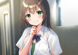 Rule 34 | &gt;:), 1girl, black bow, blush, bow, breasts, brown hair, camisole, closed mouth, collared shirt, commentary request, dress shirt, green camisole, green eyes, hair between eyes, hand up, highres, long hair, looking at viewer, minami saki, open clothes, open shirt, original, shirt, short sleeves, signature, small breasts, smile, solo, upper body, v-shaped eyebrows, white shirt, window