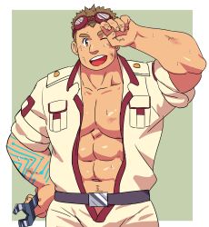 Rule 34 | 1boy, abs, bara, blush, bulge, dirty, dirty face, goggles, goggles on head, highres, kajiya kurogane, looking at viewer, male focus, muscular, muscular male, navel, navel hair, open clothes, open shirt, overalls, pectoral cleavage, pectorals, ruizu (takakisan503), short hair, sleeves rolled up, smile, solo, stomach, sweat, tokyo houkago summoners