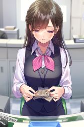 Rule 34 | 1girl, amagi shino, banknote, black skirt, blue vest, blurry, blurry background, blush, breasts, brown hair, buttons, collared shirt, commentary, cowboy shot, dress shirt, eyelashes, highres, holding, holding money, id card, lanyard, lips, long hair, long sleeves, looking down, medium breasts, money, neck ribbon, office lady, original, parted lips, pink ribbon, purple eyes, ribbon, shirt, signature, skirt, solo, standing, striped ribbon, swept bangs, uniform, vest, white shirt, wing collar