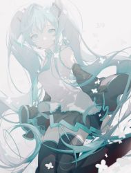 Rule 34 | 1girl, 39, absurdres, aqua eyes, aqua hair, black skirt, black sleeves, black thighhighs, bloom, chi4, commentary, detached sleeves, frilled shirt, frills, hair between eyes, hatsune miku, highres, long hair, looking at viewer, pleated skirt, shirt, skirt, sleeveless, sleeveless shirt, sleeves past wrists, smile, solo, thighhighs, twintails, very long hair, vocaloid, white shirt