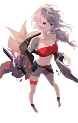 Rule 34 | 1girl, absurdres, arknights, artist request, bandages, bandeau, bare legs, bare shoulders, belt, black belt, breasts, character request, cleavage, commission, cosplay, foreshortening, full body, grey footwear, grey hair, grey jacket, grey shorts, highres, jacket, long hair, long sleeves, looking at viewer, low-tied long hair, medium breasts, midriff, multicolored hair, navel, nian (arknights), nian (arknights) (cosplay), off shoulder, open clothes, open jacket, pink hair, red eyes, second-party source, shoes, short shorts, shorts, simple background, solo, standing, stomach, strapless, streaked hair, thighs, tube top, white background