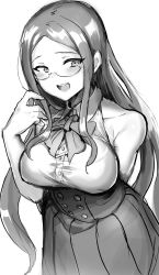 Rule 34 | 1girl, :d, arm behind back, blush, bow, bowtie, breasts, buttons, danganronpa (series), danganronpa v3: killing harmony, glasses, greyscale, hand on back, highres, large breasts, long hair, looking to the side, monochrome, open mouth, shirogane tsumugi, skirt, sleeveless, smile, suurin (ksyaro), teeth, white background