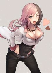 Rule 34 | 1girl, absurdres, belt, black gloves, black leotard, black pants, breasts, brown eyes, brown hair, cleavage, collarbone, covered navel, cropped jacket, gloves, grey background, hands on own hips, heart, highres, jacket, jewelry, kyoeiki, large breasts, leaning forward, leotard, light particles, long hair, looking at viewer, multicolored hair, necklace, neo politan, open mouth, pants, pink hair, rwby, simple background, solo, split-color hair, standing, tongue, tongue out, two-tone hair, v-shaped eyebrows, white jacket