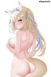 Rule 34 | 1girl, animal ear fluff, animal ears, artist name, ass, back, baguette (baguettech), bandaid, bandaid hair ornament, bare arms, bare shoulders, blonde hair, blue hair, blue hairband, blush, breasts, colored inner animal ears, commentary, completely nude, covering breasts, covering privates, crossed bangs, dog ears, dog girl, dog tail, embarrassed, english commentary, from behind, fuwawa abyssgard, hair between eyes, hair ornament, hairband, hairclip, highres, hololive, hololive english, horn hairband, large breasts, long hair, looking at viewer, looking back, multicolored hair, nape, nude, open mouth, parted lips, pink eyes, simple background, solo, tail, twitter username, two-tone hair, two side up, upper body, virtual youtuber, white background