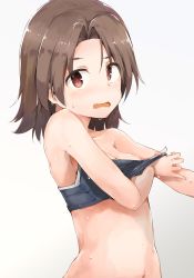 Rule 34 | 1girl, bikini, bikini pull, black bikini, blush, breasts, brown eyes, brown hair, cleavage, clothes pull, commentary, english commentary, engrish commentary, frown, girls und panzer, gradient background, grey background, highres, looking at viewer, medium breasts, navel, open mouth, parted bangs, pulled by self, sawa azusa, short hair, shuiro (frog-16), solo, standing, swimsuit, upper body, wet