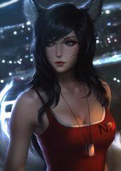 Rule 34 | 1girl, ahri (league of legends), animal ears, bad id, bad tumblr id, black hair, blue eyes, breasts, cleavage, crossover, dog tags, facial mark, fox ears, fox tail, highres, league of legends, long hair, mass effect (series), mass effect 1, raikoart, solo, tail, whisker markings