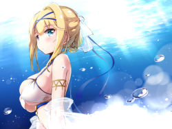 Rule 34 | 1girl, air bubble, azur lane, bare shoulders, blonde hair, blue eyes, blush, breasts, bubble, closed mouth, clothing cutout, dress, from side, hair bun, jeanne d&#039;arc (azur lane), jeanne d&#039;arc (saintess of the sea) (azur lane), large breasts, light rays, looking at viewer, looking to the side, nitchi, official alternate costume, see-through, shawl, short hair, sidelocks, single hair bun, skindentation, sleeveless, sleeveless dress, solo, sunbeam, sunlight, underboob, underboob cutout, underwater, upper body, veil, white dress