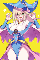 Rule 34 | 1girl, bare shoulders, blonde hair, breasts, claw pose, cleavage, collarbone, dark magician girl, duel monster, green eyes, hair over eyes, hat, highres, jewelry, large breasts, long hair, mosui (kori can), necklace, open mouth, pentacle, solo, star (symbol), thighs, yellow background, yu-gi-oh!