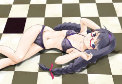 Rule 34 | 1girl, :o, akemi homura, arm behind head, black bra, black eyes, black hair, black panties, bra, braid, breasts, checkered floor, commentary request, glasses, hair ribbon, hairband, legs, long hair, looking at viewer, lying, mahou shoujo madoka magica, mahou shoujo madoka magica (anime), marutaya, medium breasts, navel, on back, panties, parted lips, purple hairband, red-framed eyewear, red ribbon, ribbon, solo, twin braids, twintails, underwear