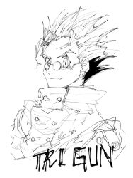 Rule 34 | 1boy, closed mouth, copyright name, decided 218, earrings, glasses, grey background, greyscale, hair slicked back, jewelry, male focus, mole, mole under eye, monochrome, round eyewear, simple background, single earring, sketch, smile, solo, spiked hair, trigun, upper body, vash the stampede