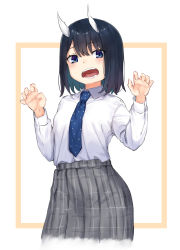 Rule 34 | 1girl, absurdres, aoki ruri, black hair, blue eyes, blue necktie, blush, breasts, claw pose, collared shirt, grey skirt, highres, horns, long sleeves, looking at viewer, m.tokotsu, necktie, open mouth, ruri dragon, shirt, shirt tucked in, short hair, skirt, slit pupils, small breasts, solo, teeth, upper body, white shirt