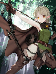 Rule 34 | 1girl, armpits, arrow (projectile), belt, blonde hair, boots, bow (weapon), breasts, brown gloves, cape, elf, forest, gloves, highres, holding, holding bow (weapon), holding weapon, long hair, nature, nyatabe, orange eyes, original, pointy ears, ponytail, pouch, quiver, sleeveless, solo, thigh boots, thighhighs, weapon