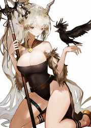 Rule 34 | 1girl, absurdres, animal, arknights, bare shoulders, bird, bird on hand, black one-piece swimsuit, blonde hair, breasts, casual one-piece swimsuit, cleavage, closed mouth, commentary, crow, detached sleeves, ears visible through hair, hair between eyes, hair ornament, high ponytail, highres, horns, infection monitor (arknights), kensei (v2), kneeling, large breasts, long hair, long sleeves, looking at viewer, official alternate costume, one-piece swimsuit, pointy ears, red eyes, sandals, shining (arknights), shining (silent night) (arknights), solo, swimsuit, thigh strap, thighs, very long hair, white background