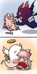 Rule 34 | 1girl, 2019, 2020, 2koma, arrow (projectile), arrow in body, bandaid, beige background, blue background, bow, chibi, chinese commentary, closed eyes, comic, commentary request, crying, demon, from behind, fujiwara no mokou, ghost, gradient background, hair bow, halo, hitodama, jokanhiyou, knees up, long hair, pants, pink hair, red footwear, red pants, shadow, shoes, sitting, tears, touhou, very long hair, white bow