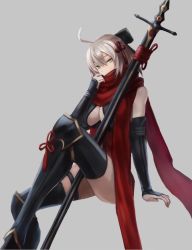 Rule 34 | 1girl, ahoge, arm guards, armored boots, bare shoulders, between legs, black bow, black footwear, black thighhighs, boots, bow, breasts, cleavage, cleavage cutout, clothing cutout, dark-skinned female, dark skin, dress, fate/grand order, fate (series), grey background, hair between eyes, hair bow, hair ornament, hand up, knee boots, large breasts, leg up, looking at viewer, okita souji (fate), okita souji alter (fate), okita souji alter (first ascension) (fate), red dress, red scarf, sanshi (sannshi 34), scarf, silver hair, simple background, sitting, solo, sword, tassel, thigh strap, thighhighs, thighs, weapon, yellow eyes