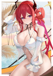 Rule 34 | 1girl, absurdres, arknights, arm up, bikini, breasts, cleavage, demon horns, detached sleeves, female focus, highres, horns, large breasts, long hair, looking at viewer, musicatopos, navel, official alternate costume, purple eyes, red hair, solo, surtr (arknights), surtr (colorful wonderland) (arknights), swimsuit, thighs, wet, white bikini