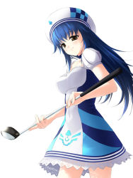 Rule 34 | 1girl, arin, beret, blue hair, dress, golf club, hat, holding, looking down, pangya, rokuwata tomoe, simple background, solo, white background