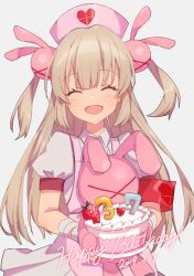 &gt;_&lt; 1girl :d ^_^ apron armband birthday_cake brown_hair cake closed_eyes commentary_request dated facing_viewer fang food grey_background hair_ornament happy_birthday hat heart heart_print long_hair natori_sana natori_sana_(nurse) nurse_cap open_mouth pink_apron puffy_short_sleeves puffy_sleeves rabbit_hair_ornament sana_channel short_sleeves simple_background smile solo stuffed_animal stuffed_rabbit stuffed_toy two_side_up virtual_youtuber zumi_tiri