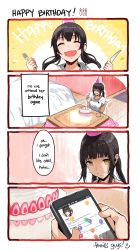 Rule 34 | 1girl, 4koma, absurdres, black hair, cake, cellphone, closed eyes, closed mouth, comic, commentary, crying, crying with eyes open, english commentary, english text, fang, food, fork, happy birthday, hews, highres, holding, holding fork, holding knife, holding phone, indoors, knife, kotatsu, long hair, open mouth, original, phone, shaded face, shirt, short sleeves, sidelocks, skin fang, smartphone, solo, table, tears, white shirt, yellow eyes
