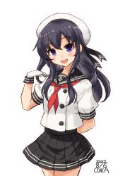 Rule 34 | 1girl, adapted costume, akatsuki (kancolle), anchor symbol, artist name, black hair, black sailor collar, black skirt, buttons, commentary request, cowboy shot, dated, double-breasted, gloves, hat, highres, kantai collection, long hair, looking at viewer, neckerchief, one-hour drawing challenge, owa (ishtail), pleated skirt, purple eyes, red neckerchief, sailor collar, sailor hat, school uniform, serafuku, short sleeves, simple background, skirt, smile, solo, white background, white gloves, white hat