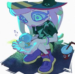 Rule 34 | baozi, baseball cap, black eyes, black shirt, blunt bangs, blush, bracelet, child, clownfish, colored eyelashes, cup, cupping hands, disposable cup, drink, drinking straw, drooling, fish, flat chest, flying sweatdrops, food, green eyes, green hair, green skirt, hands up, harmony&#039;s clownfish (splatoon), harmony (splatoon), hat, holding, holding food, jellyfish (splatoon), jewelry, lemon dou oishii, long hair, looking at another, looking down, miniskirt, multicolored hair, nintendo, open mouth, own hands together, pink hair, purple footwear, saliva, shirt, shoes, short sleeves, simple background, skirt, splatoon (series), splatoon 3, striped clothes, striped headwear, tentacle hair, tentacles, two-tone hair, white background, yellow headwear, yellow shirt