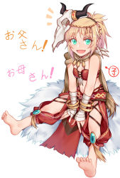 Rule 34 | 1girl, :d, absurdres, bandaged arm, bandages, bandeau, barefoot, between legs, blonde hair, bracelet, fang, fate/apocrypha, fate (series), green eyes, hand between legs, highres, jewelry, looking at viewer, mask, mask on head, mordred (fate), mordred (fate/apocrypha), mordred (true samadhi fire) (fate), open mouth, ponytail, sidelocks, simple background, sitting, skull mask, smile, solo, spread legs, translated, tribal, white background, yorukun