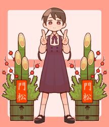 Rule 34 | 1girl, black hair, blush, brown eyes, collared shirt, dress, full body, highres, kadomatsu, long hair, long sleeves, looking at viewer, low twintails, mary janes, neck ribbon, new year, original, pinafore dress, ribbon, salute, shirt, shoes, sleeveless, sleeveless dress, smile, socks, solo, takurada, translation request, twintails, two-finger salute, very long hair