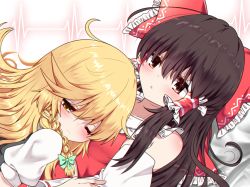 Rule 34 | 2girls, bare shoulders, black dress, blonde hair, blouse, blush, bow, braid, brown eyes, brown hair, cardiogram, closed mouth, detached sleeves, dress, green bow, hair between eyes, hair bow, hair tubes, hakurei reimu, head on another&#039;s chest, heartbeat, highres, kirisame marisa, long hair, long sleeves, lying, midriff peek, multiple girls, no headwear, on back, one eye closed, open mouth, puffy short sleeves, puffy sleeves, rankasei, red bow, red shirt, red skirt, shirt, short sleeves, single braid, skirt, touhou, white background, white shirt, yellow eyes, yuri