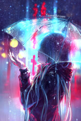 Rule 34 | 1girl, blue hair, blurry, blurry background, commentary, english commentary, highres, jacket, long hair, multicolored hair, nail polish, night, original, pink nails, rain, solo, standing, transparent, transparent umbrella, umbrella, upper body, watermark, web address, wet, yuumei