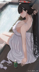 Rule 34 | 1girl, absurdres, arm up, bare shoulders, black hair, blue archive, blush, bottle, breasts, bright pupils, cleavage, closed mouth, dress, earrings, from above, hair ornament, halo, high heels, highres, jewelry, large breasts, long hair, necklace, red eyes, rio (blue archive), sitting, sleeveless, sleeveless dress, solo, thighs, twitter username, unworn footwear, water, white dress, white footwear, white pupils, yamikyon