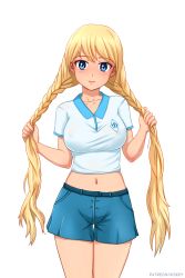 Rule 34 | 1girl, blonde hair, blue eyes, blue shorts, braid, breasts, bunching hair, collarbone, commentary, cowboy shot, english commentary, everlasting summer, highres, huyase, long hair, looking at viewer, medium breasts, midriff, navel, patreon username, see-through, shirt, short shorts, short sleeves, shorts, simple background, slavya-chan, smile, solo, standing, thigh gap, twin braids, very long hair, white background, white shirt