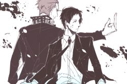Rule 34 | 2boys, adachi tooru, atlus, back-to-back, black hair, blood, d dat, delinquent, formal, image sample, injury, jacket, jacket on shoulders, looking away, lowres, middle finger, monochrome, multiple boys, necktie, persona, persona 4, police, short hair, standing, suit, tatsumi kanji, tumblr sample