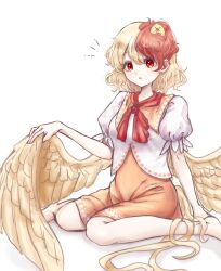 Rule 34 | 1girl, barefoot, bird, blonde hair, chick, curly hair, dress, highres, holding, looking at viewer, multicolored hair, niwatari kutaka, open mouth, orange dress, puffy sleeves, red eyes, red hair, red tie, rooster tail, shadow, shirt, sitting, solo, suna sen, touhou, white background, white shirt, wings, yellow wings