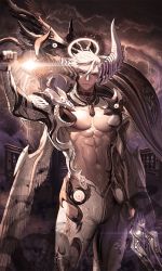 Rule 34 | 1boy, abs, angel, angel wings, artist request, asymmetrical horns, between pectorals, bishounen, black wings, brown theme, bulge, character request, check artist, commentary request, destiny child, dragon boy, dragon horns, dragon wings, dual wielding, feathered wings, feet out of frame, frown, glowing, glowing sword, glowing weapon, hair between eyes, halo, holding, holding sword, holding weapon, horns, looking at viewer, male focus, multiple wings, muscular, muscular male, over shoulder, pectoral cleavage, pectorals, rinotuna, scales, short hair, solo, stomach, stomach tattoo, sword, sword over shoulder, tattoo, thighs, weapon, weapon over shoulder, white hair, white wings, wings
