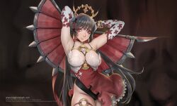 Rule 34 | 1girl, black hair, bracelet, breasts, cleavage, cowboy shot, elbow gloves, folding fan, gloves, hand fan, headband, highres, holding, jewelry, kingdom death, large breasts, lips, long hair, red eyes, sen (kingdom death), solo, timbougami