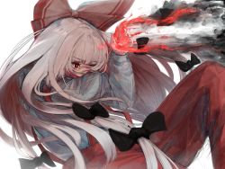 Rule 34 | 1girl, arm strap, black bow, bow, covering own mouth, feet out of frame, fire, fujiwara no mokou, hair bow, hand up, kiyonetto, knee up, long hair, long sleeves, pants, pyrokinesis, red bow, red eyes, red pants, shirt, smoke, solo, suspenders, touhou, two-tone bow, very long hair, white bow, white shirt